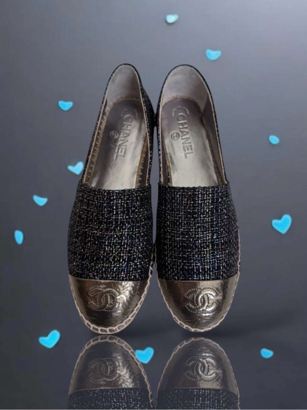 🆕💞CHANEL Glitter Black Tweed Metallic Patent Leather CC Logo Espadrilles • 38 EU